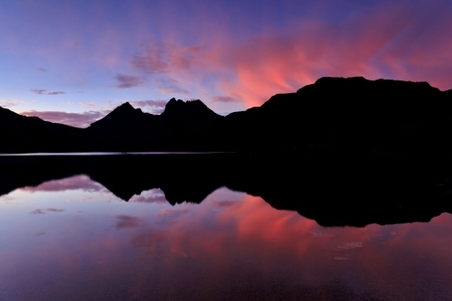 Silhouette of Cradle Mountain reflected in Dove Lake