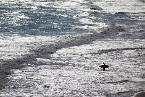 Silhouette of solo surfer heading out into waves - Australian Stock Image