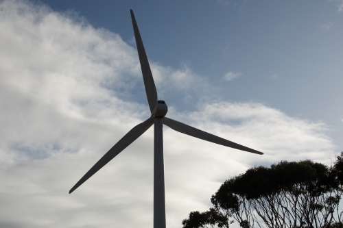 Silhouette of wind turbine blades and tree against sky. - Australian Stock Image