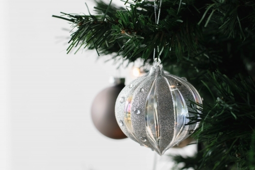 Silver Glass Bauble on Christmas Tree