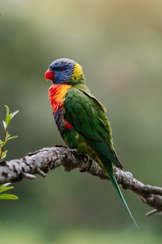 Single rainbow lorikeet perched on branch with blurred background - Australian Stock Image