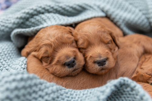 sleepy Groodle puppies wrapped in a green blanket - Australian Stock Image