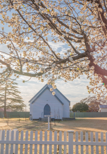 Small country church under a cloudy sky and framed by spring blossoms - Australian Stock Image