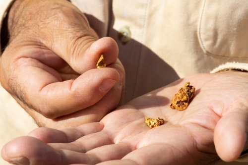 small gold nugget held between thumb and forefinger - Australian Stock Image