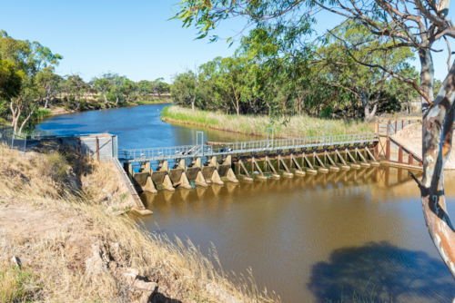 Small weir and river with surrounding trees and reeds under a clear blue sky. - Australian Stock Image