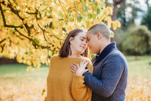 smiling lgbtqi couple hugging each other by autumn trees