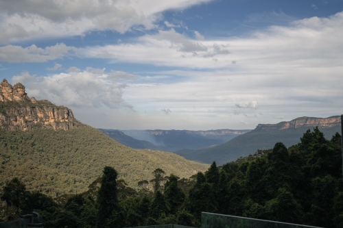 Smoke rising from bushfire in the Jamison Valley in the Blue Mountains - Australian Stock Image