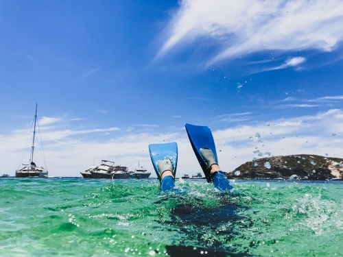 Snorkelers fins splashing above water in clear ocean with boats and land in the background