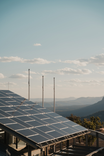 Solar energy panels at Echo Point overlooking Blue Mountains wilderness - Australian Stock Image