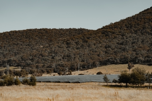 Solar farm panels for renewable energy with mountains in the background. - Australian Stock Image
