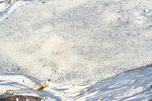 Speckled patterns in wet yellow and black mineral sands on a beach at low tide - Australian Stock Image