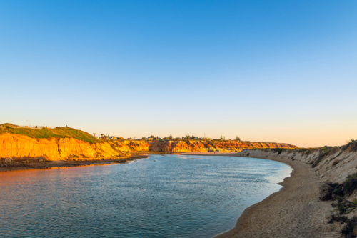 Spectacular view of the Onkaparinga River in South Port during sunset time, Port Noarlunga - Australian Stock Image