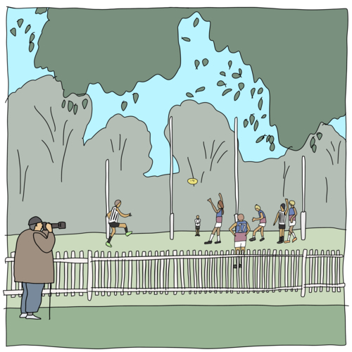 Square scene of photographer at AFL game in country town - Australian Stock Image