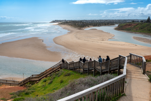 Stairs leading down to the beach at Onkaparinga River Mouth - Australian Stock Image