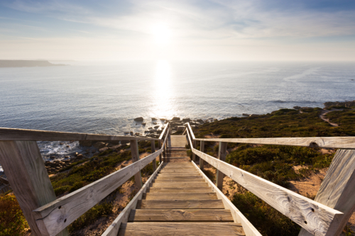 Stairs on walking trail leading to beautiful coastline, ocean and sunrise in South Australia - Australian Stock Image
