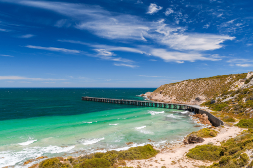 Stenhouse Bay Jetty viewed from the lookout at Innes National Park, Yorke Peninsula, South Australia - Australian Stock Image
