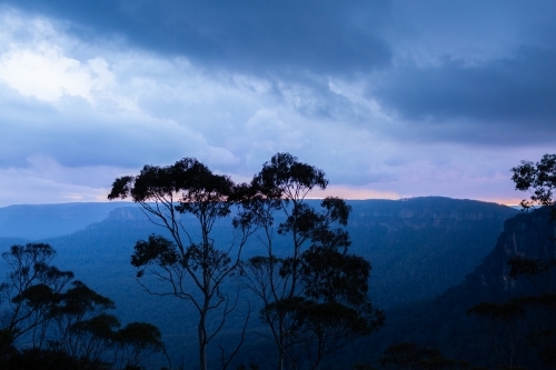 storm clouds above Blue Mountain scenery with gum tree in foreground - Australian Stock Image