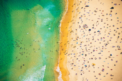 Straight down on the beach scene at Bondi, on a Summer Day - Australian Stock Image