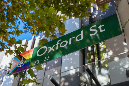 Street signage at Oxford St Pride Village during Sydney World Pride in Darlinghurst. - Australian Stock Image