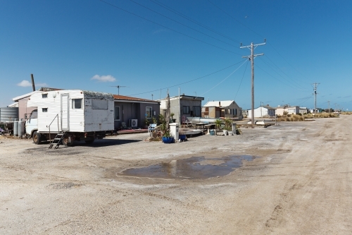 Streetscape of old fisherman's huts at Avalon Beach salt pans, Victoria - Australian Stock Image