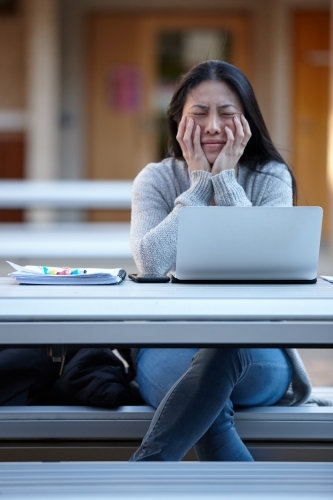 stressed Young Asian university student studying on laptop outdoors - Australian Stock Image