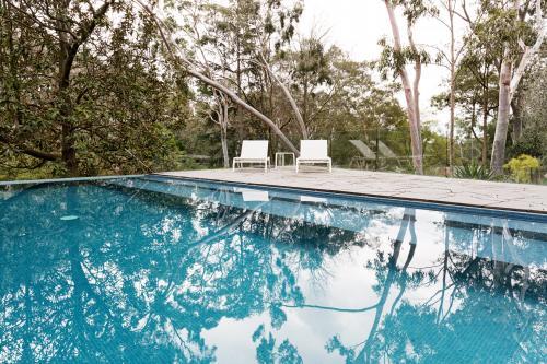 Stunning blue tiled infinity swimming pool in Australian home with bush garden setting