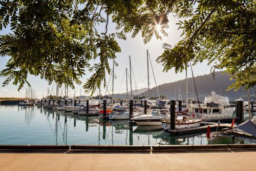 Sun rising over line of moored boats at Port of Airlie Marina - Australian Stock Image