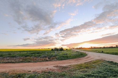 sun setting on country road in Central Victoria, Australia. Late afternoon in Australia. Landscape - Australian Stock Image