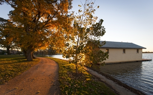 Sun setting through autumn leaves at lake - Australian Stock Image