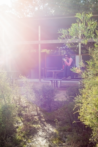 sunlight on bush and Woman hiking drinking tea in background on Kangaroo Island Wilderness Trail - Australian Stock Image