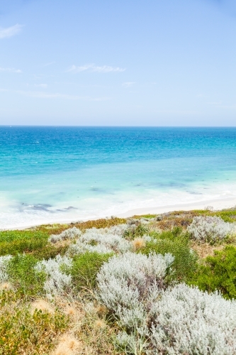 Sunlit coastland with view of shrubs, beach and clear blue coastal waters - Australian Stock Image