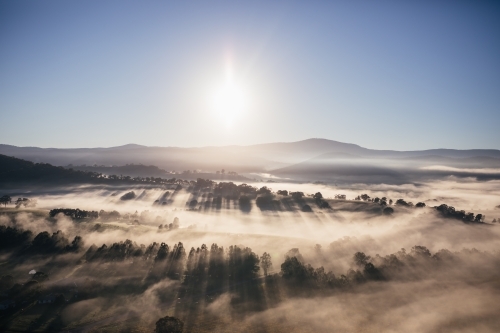 Sunrise above mist laying low over trees in rural farmland - Australian Stock Image