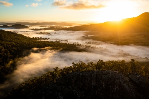 Sunrise fog near Mount Barney, Scenic Rim, Queensland Australia