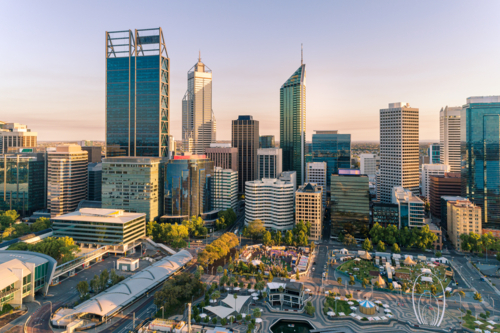 Sunrise over Elizabeth Quay & The City Of Perth - Australian Stock Image
