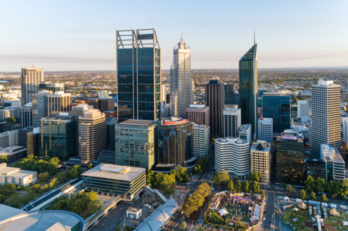 Sunrise over Elizabeth Quay & The City Of Perth - Australian Stock Image
