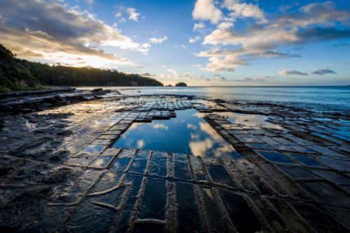 Sunrise over tessellated rock formations on a quiet coastal shelf by the sea. - Australian Stock Image