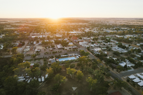 Sunrise over the town of Moora in Western Australia - Australian Stock Image