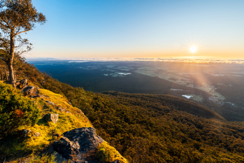 sunrise view above Halls Gap, Grampians, Victoria, Australia - Australian Stock Image
