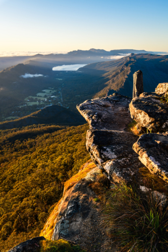 sunrise view from Boroka Lookout towards Halls Gap, Grampians, Victoria, Australia - Australian Stock Image