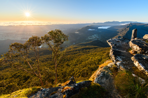 Sunrise view from Boroka Lookout towards Halls Gap, Grampians, Victoria, Australia - Australian Stock Image