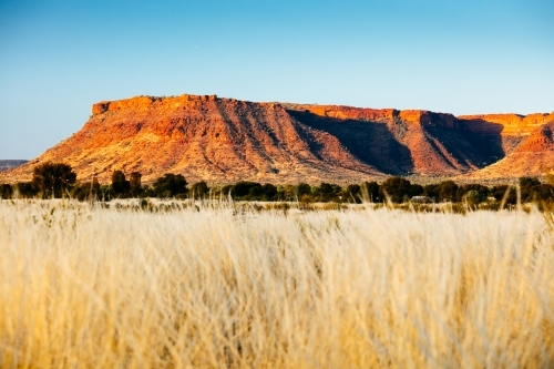 Sunset colours on the rising landforms above the plains near Kings Canyon in Central Australia - Australian Stock Image