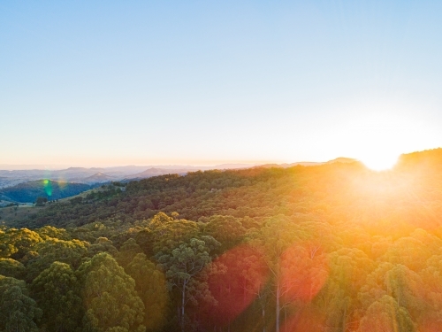 Sunset light over mountains covered in trees - Australian Stock Image
