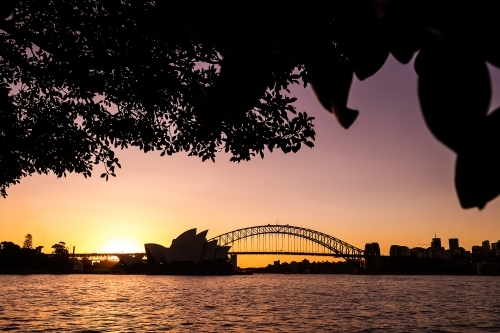 Sunset of Sydney Skyline at Mrs Macquarie's Chair - Australian Stock Image