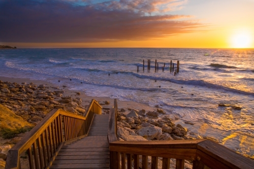 Sunset on the boardwalk at Port Willunga, South Australia - Australian Stock Image