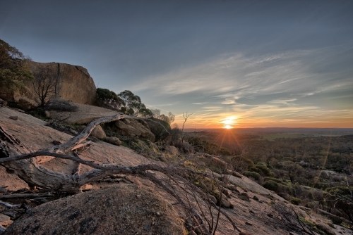 Sunset over the rocks with dead tree branches and shrubs - Australian Stock Image