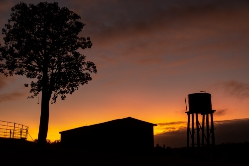 Sunset silhouette of a farm shed, water tank tower, tree, and cattle yards. - Australian Stock Image