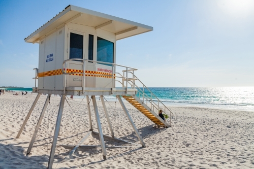 Surf Life saving lookout tower on a beach in summer - Australian Stock Image