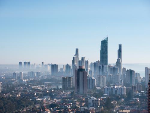 Surfers Paradise in the distance with bushfire smoke - Australian Stock Image