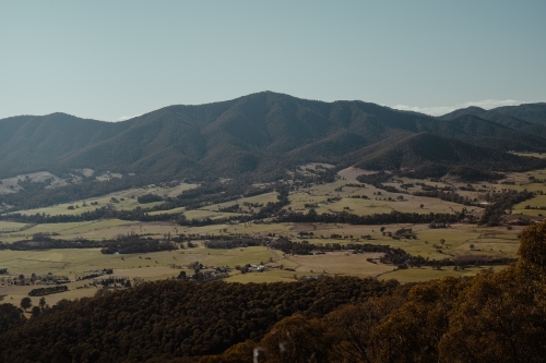 Sweeping valley views with mountains in the background near Tawonga.