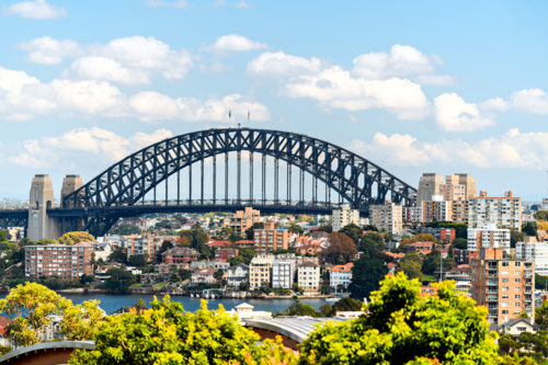 Sydney Harbour Bridge among Sydney North residential buildings in the background viewed from Bradley - Australian Stock Image